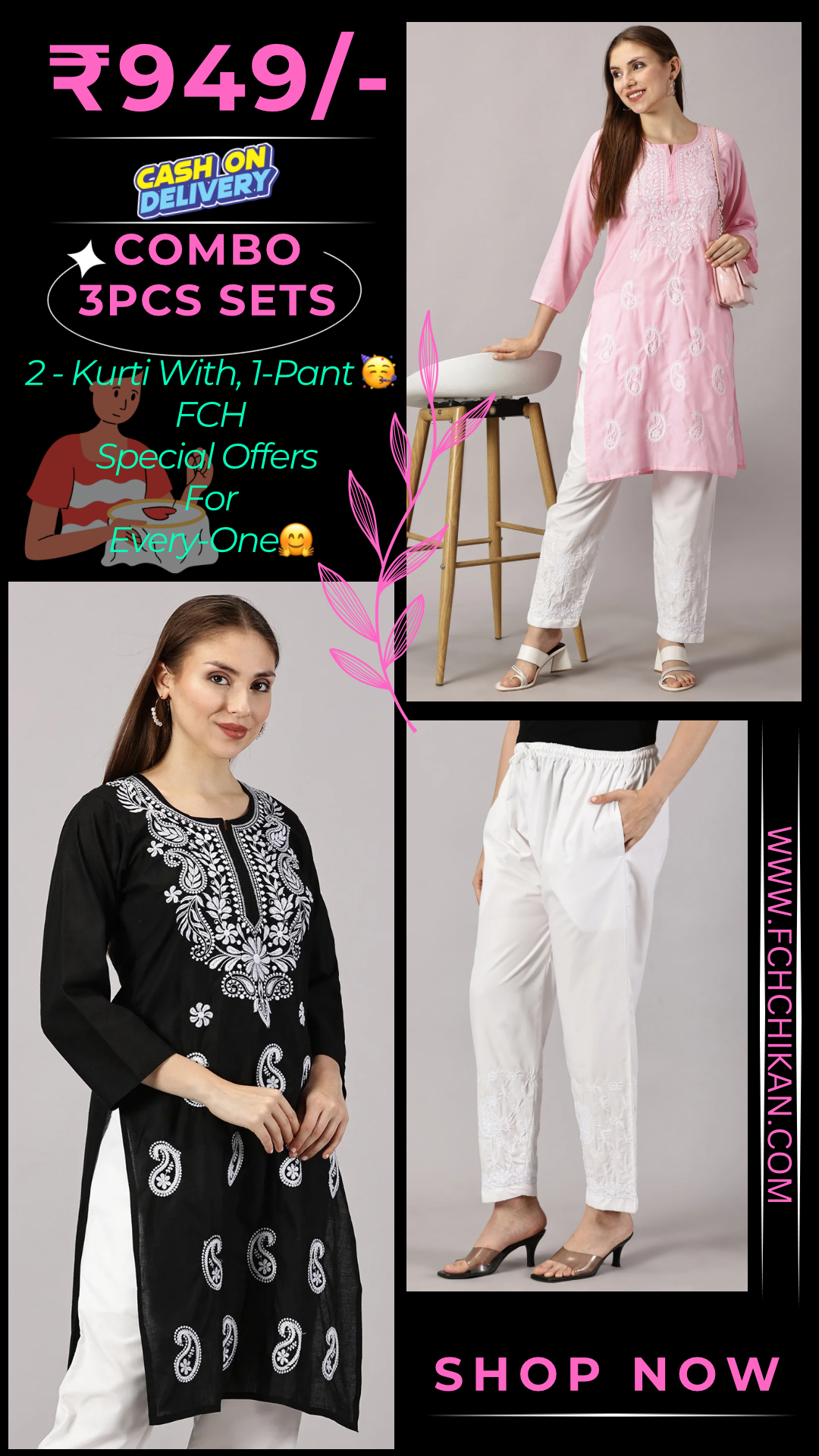 Embroidered Cotton Wear: 2 Kurtis + Pants Set | Women’s Cotton Kurti Set: Embroidery & Comfort Combo | Chic Cotton Sets Combo: Embroidered Kurtis and Pants | Stylish Cotton Kurti Set with Pants - 2 Piece Combo