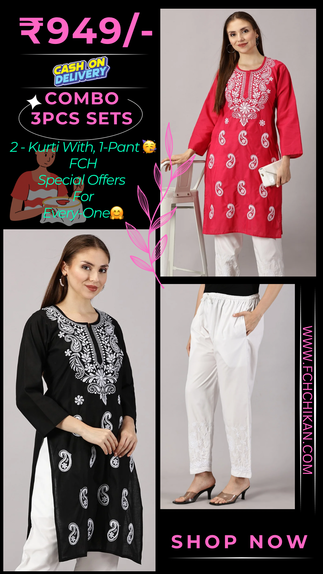 Embroidered Cotton Wear: 2 Kurtis + Pants Set | Women’s Cotton Kurti Set: Embroidery & Comfort Combo | Chic Cotton Sets Combo: Embroidered Kurtis and Pants | Stylish Cotton Kurti Set with Pants - 2 Piece Combo