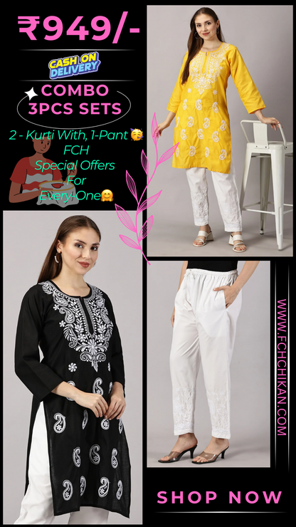 Embroidered Cotton Wear: 2 Kurtis + Pants Set | Women’s Cotton Kurti Set: Embroidery & Comfort Combo | Chic Cotton Sets Combo: Embroidered Kurtis and Pants | Stylish Cotton Kurti Set with Pants - 2 Piece Combo