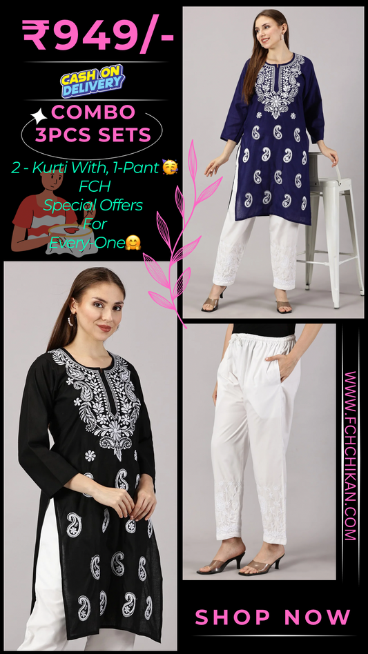 Embroidered Cotton Wear: 2 Kurtis + Pants Set | Women’s Cotton Kurti Set: Embroidery & Comfort Combo | Chic Cotton Sets Combo: Embroidered Kurtis and Pants | Stylish Cotton Kurti Set with Pants - 2 Piece Combo