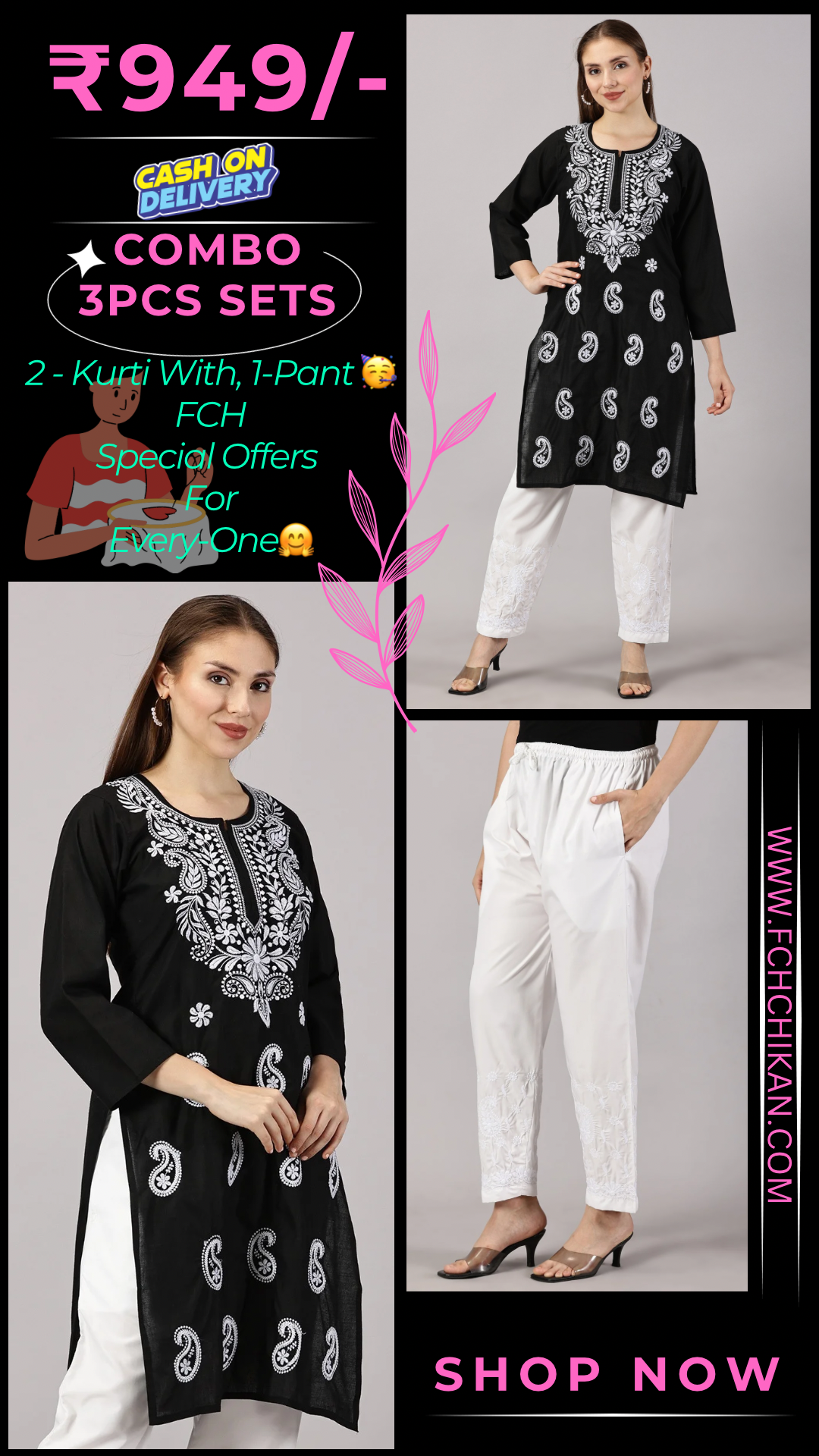 Embroidered Cotton Wear: 2 Kurtis + Pants Set | Women’s Cotton Kurti Set: Embroidery & Comfort Combo | Chic Cotton Sets Combo: Embroidered Kurtis and Pants | Stylish Cotton Kurti Set with Pants - 2 Piece Combo