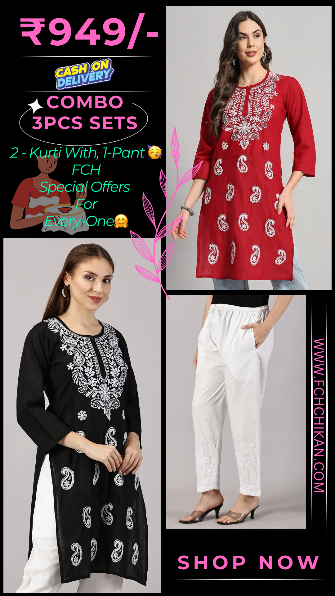 Embroidered Cotton Wear: 2 Kurtis + Pants Set | Women’s Cotton Kurti Set: Embroidery & Comfort Combo | Chic Cotton Sets Combo: Embroidered Kurtis and Pants | Stylish Cotton Kurti Set with Pants - 2 Piece Combo