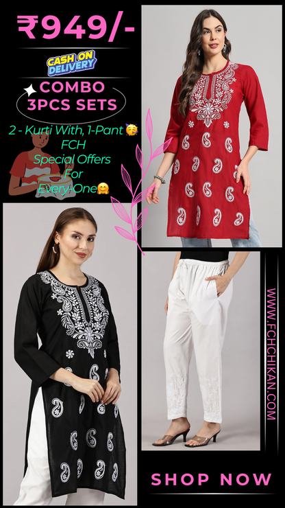 Embroidered Cotton Wear: 2 Kurtis + Pants Set | Women’s Cotton Kurti Set: Embroidery & Comfort Combo | Chic Cotton Sets Combo: Embroidered Kurtis and Pants | Stylish Cotton Kurti Set with Pants - 2 Piece Combo