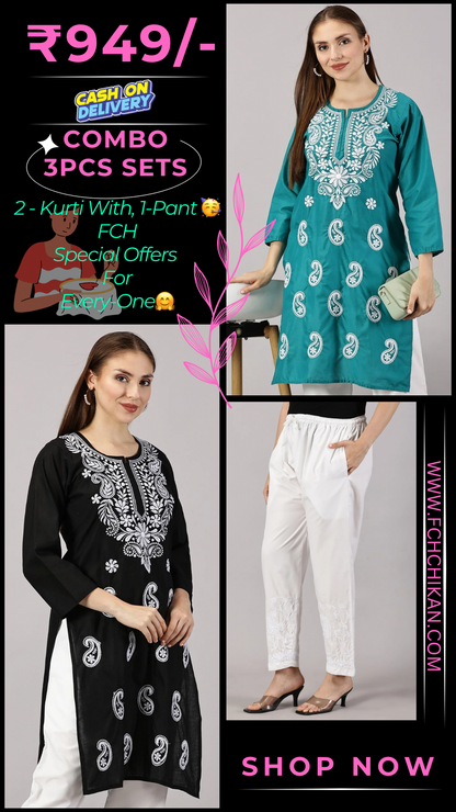 Embroidered Cotton Wear: 2 Kurtis + Pants Set | Women’s Cotton Kurti Set: Embroidery & Comfort Combo | Chic Cotton Sets Combo: Embroidered Kurtis and Pants | Stylish Cotton Kurti Set with Pants - 2 Piece Combo