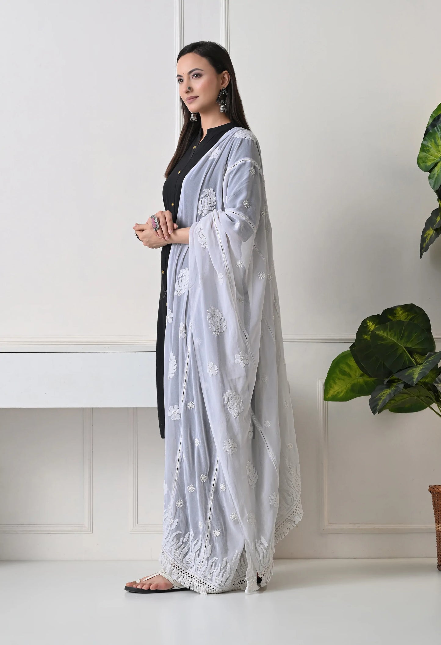 Lucknowi Chikankari Dupatta Left Side View