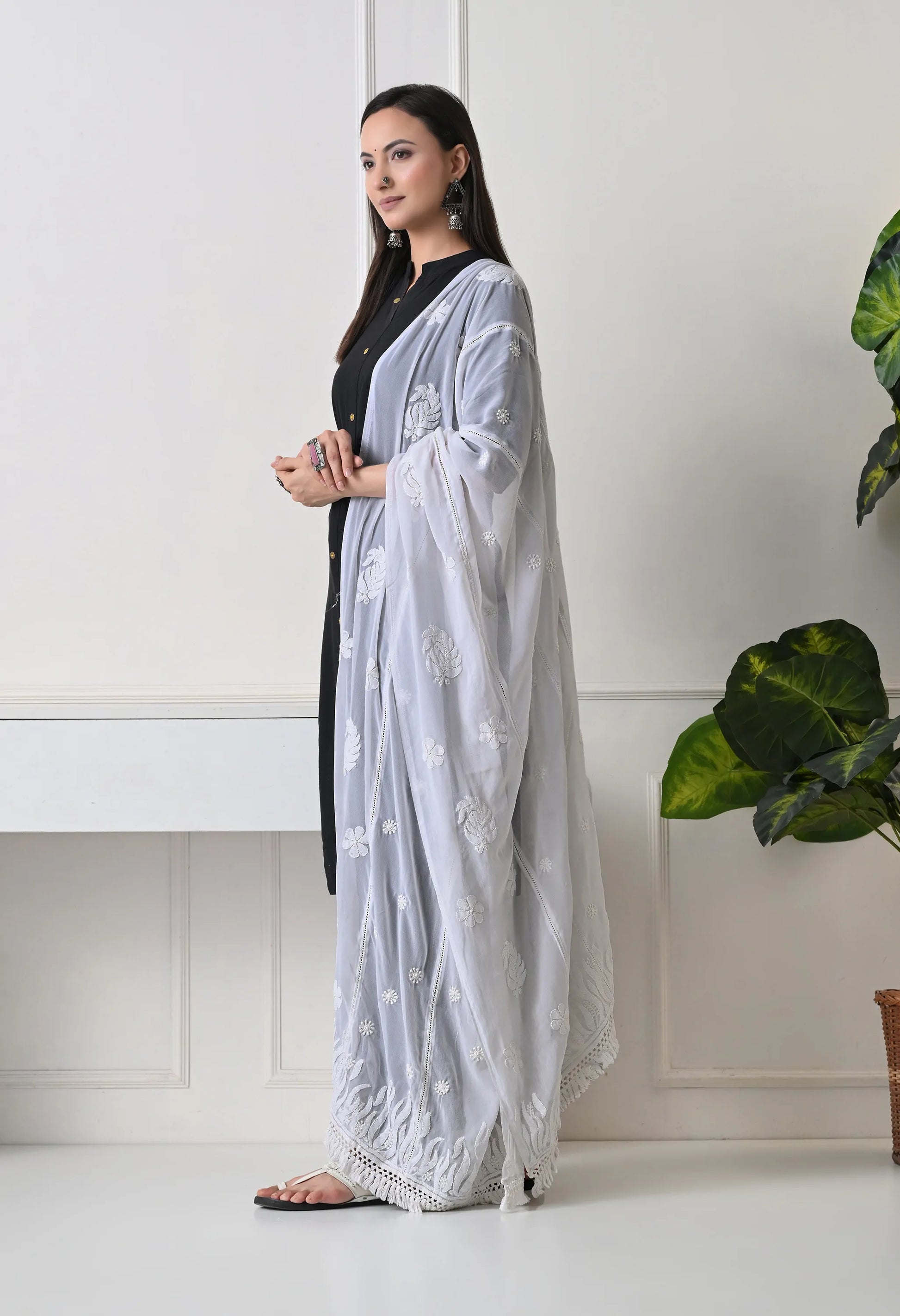 Lucknowi Chikankari Dupatta Left Side View