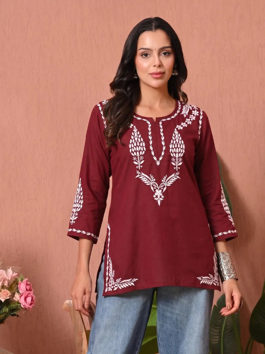 Maroon Chikankari Embroidered Cotton Short Kurti Front View