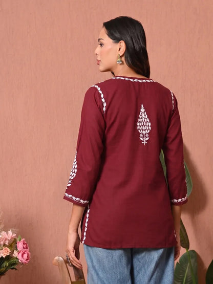 Maroon Chikankari Embroidered Cotton Short Kurti Back View