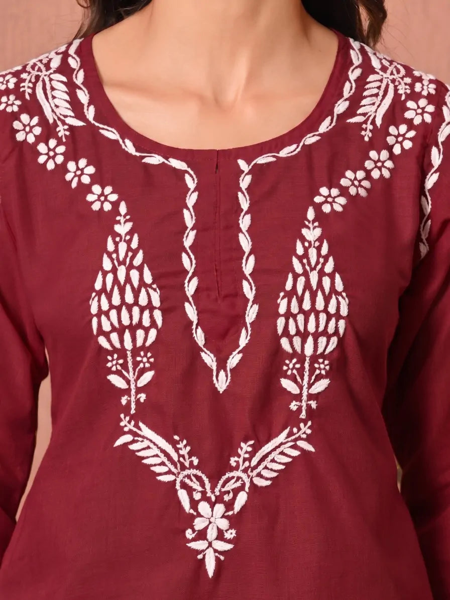 Maroon Chikankari Embroidered Cotton Short Kurti Closeup View