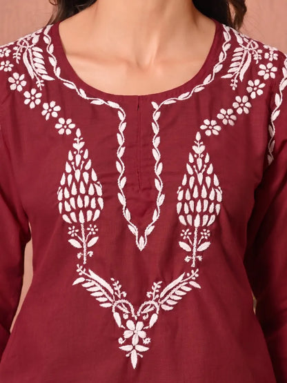 Maroon Chikankari Embroidered Cotton Short Kurti Closeup View