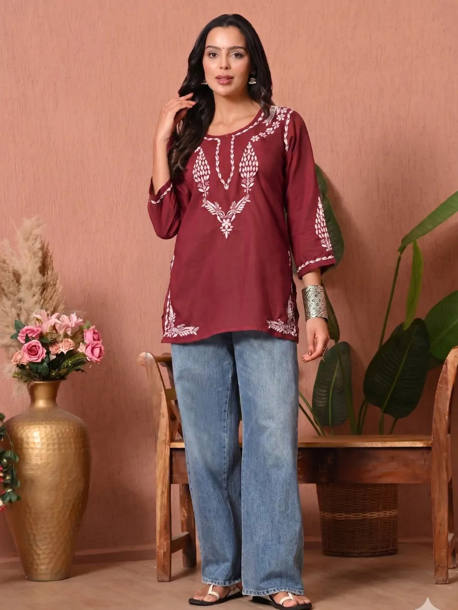 Maroon Chikankari Embroidered Cotton Short Kurti Front Full Poz View