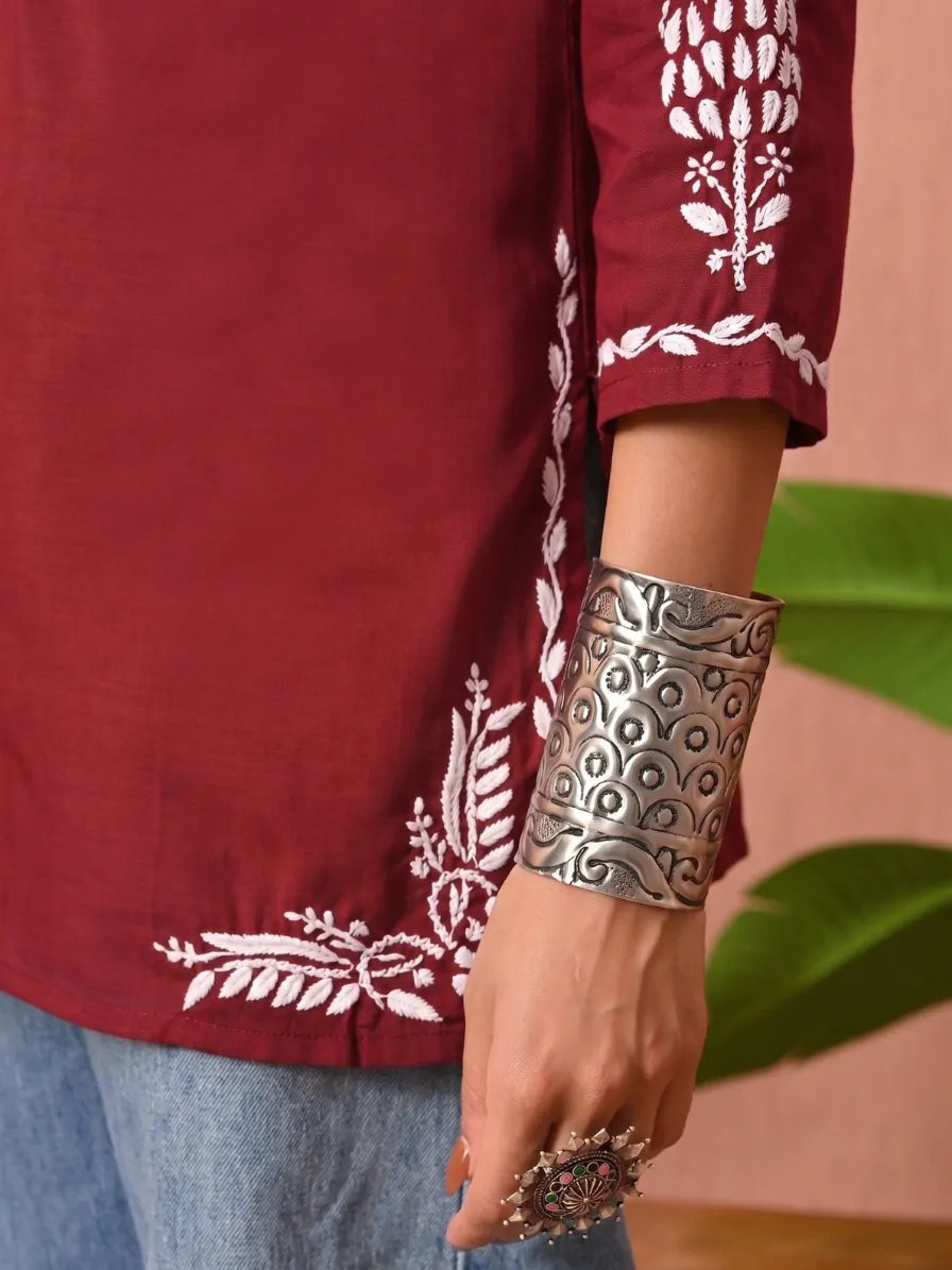 Maroon Chikankari Embroidered Cotton Short Kurti Sleeve Detail View