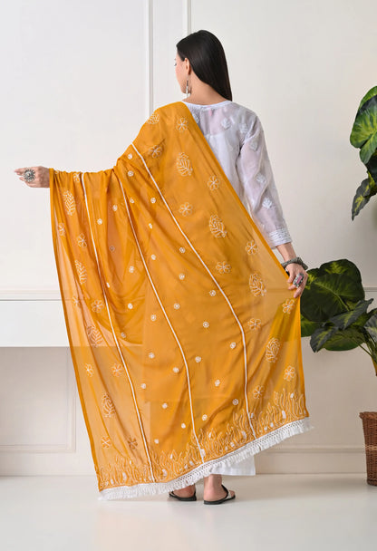 Mustard embroidered dupatta on traditional white outfit with white pants on a neutral background back view