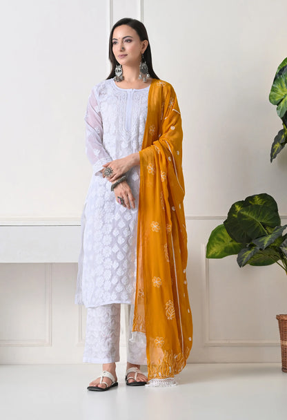 Mustard embroidered dupatta on traditional white outfit with white pants on a neutral background simple view
