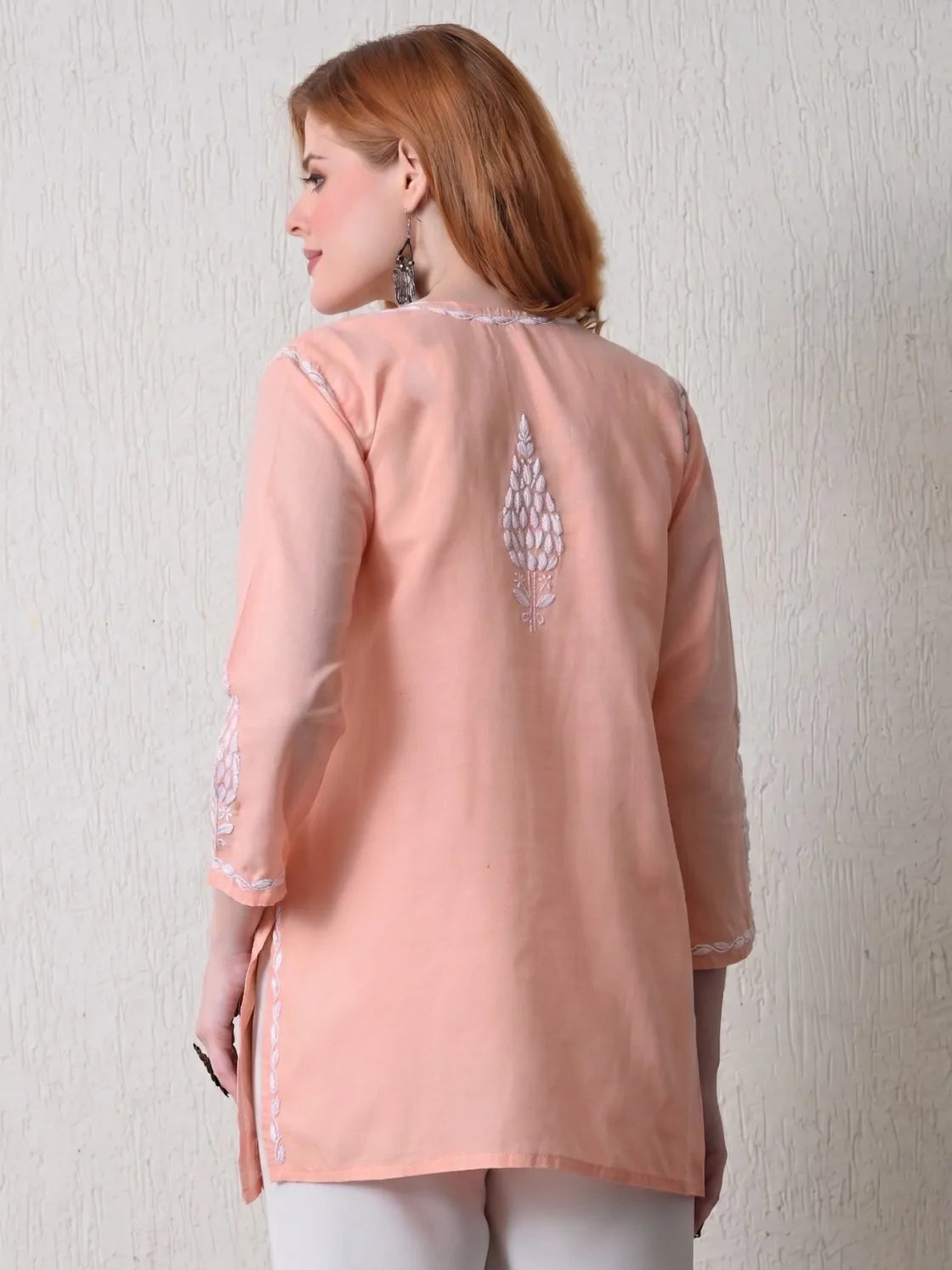 Peach Cotton Chikankari Kurti Back View