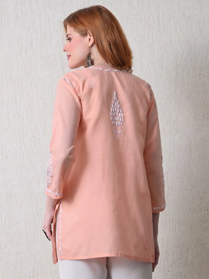 Peach Cotton Chikankari Kurti Back View