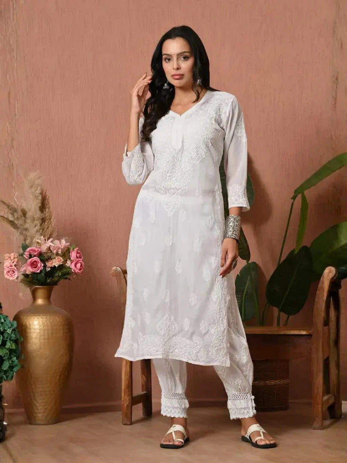 PURE COTTON CHIKAN HANDWORK LONG KURTI | WHITE