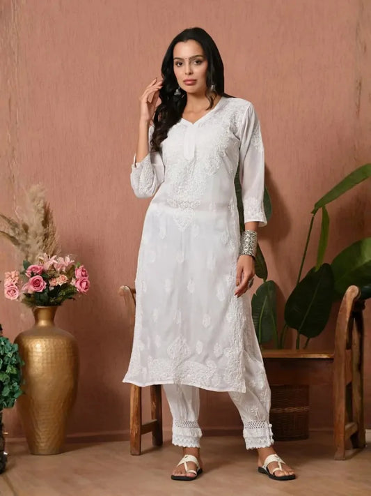 PURE COTTON CHIKAN HANDWORK LONG KURTI | WHITE