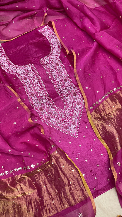 Luxurious Tussar Silk Shirt with Chanderi Dupatta