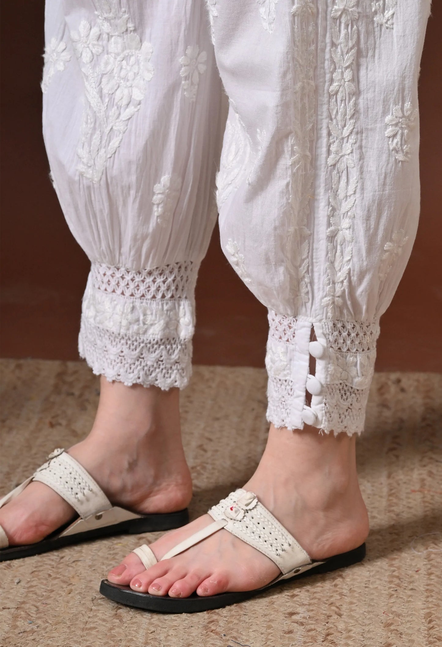 White Chikankari Afghani Pant Bottom Left Side View