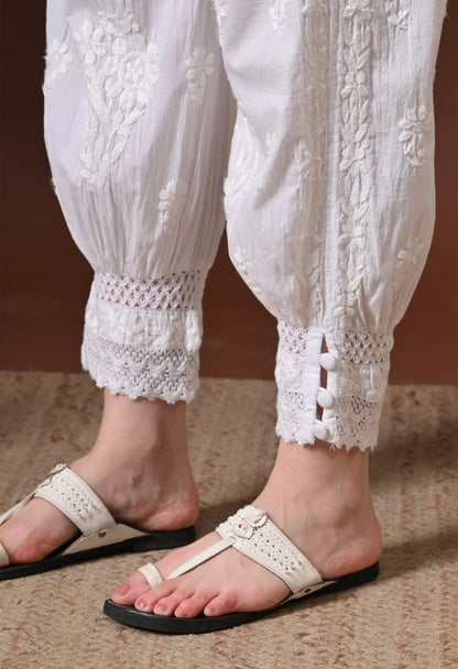 White Chikankari Afghani Pant Bottom Left Side View