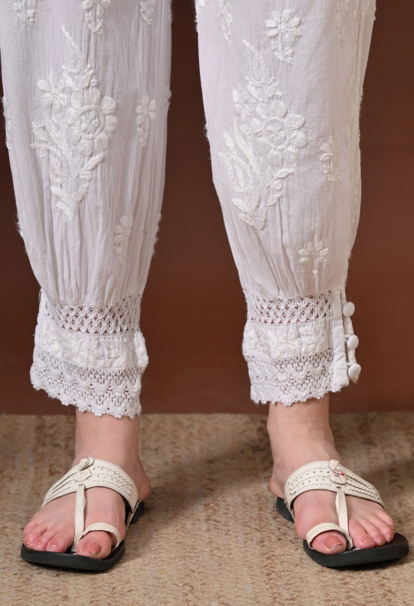 White Chikankari Afghani Pant Front Bottom View