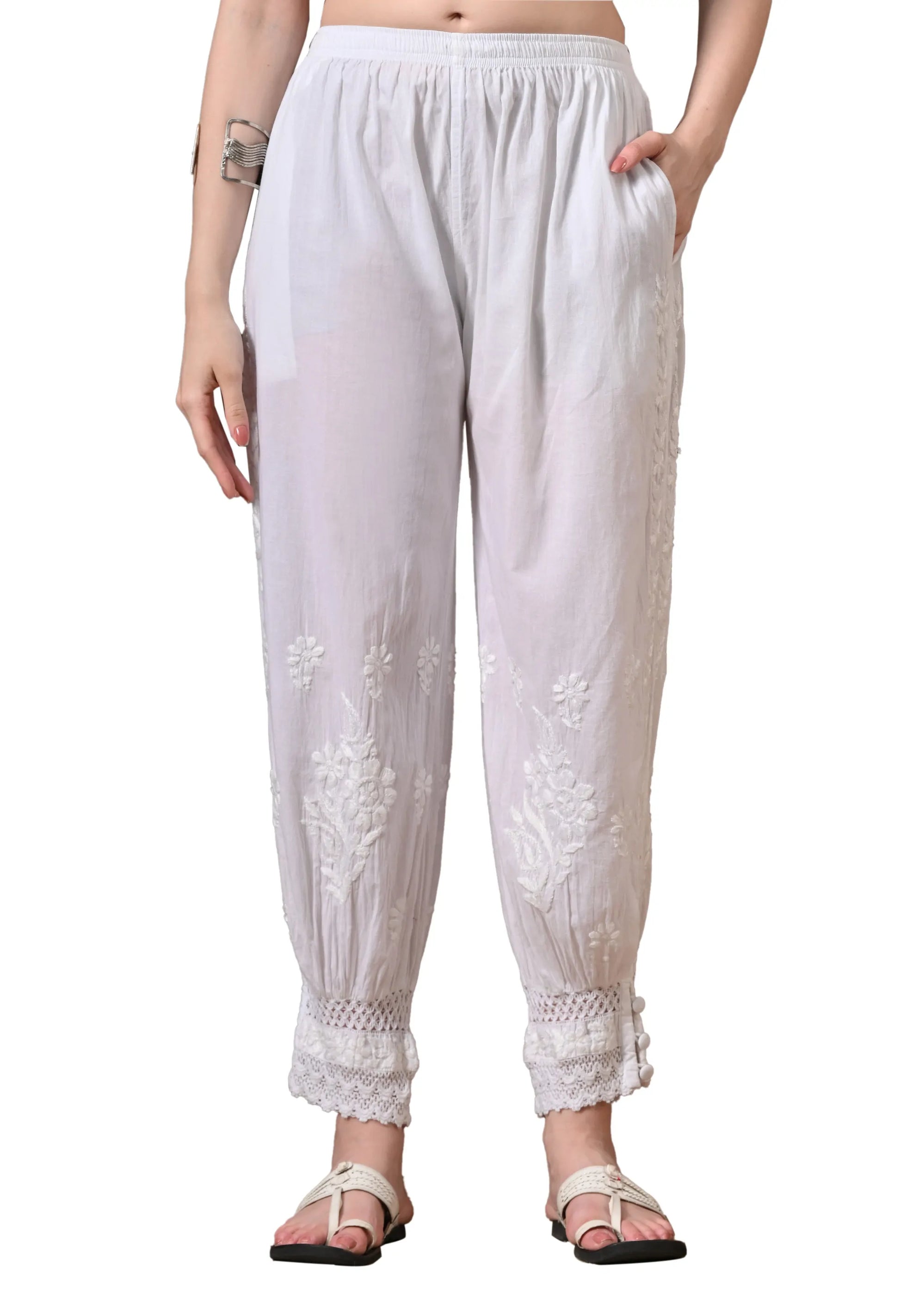 White Chikankari Afghani Pant Front View