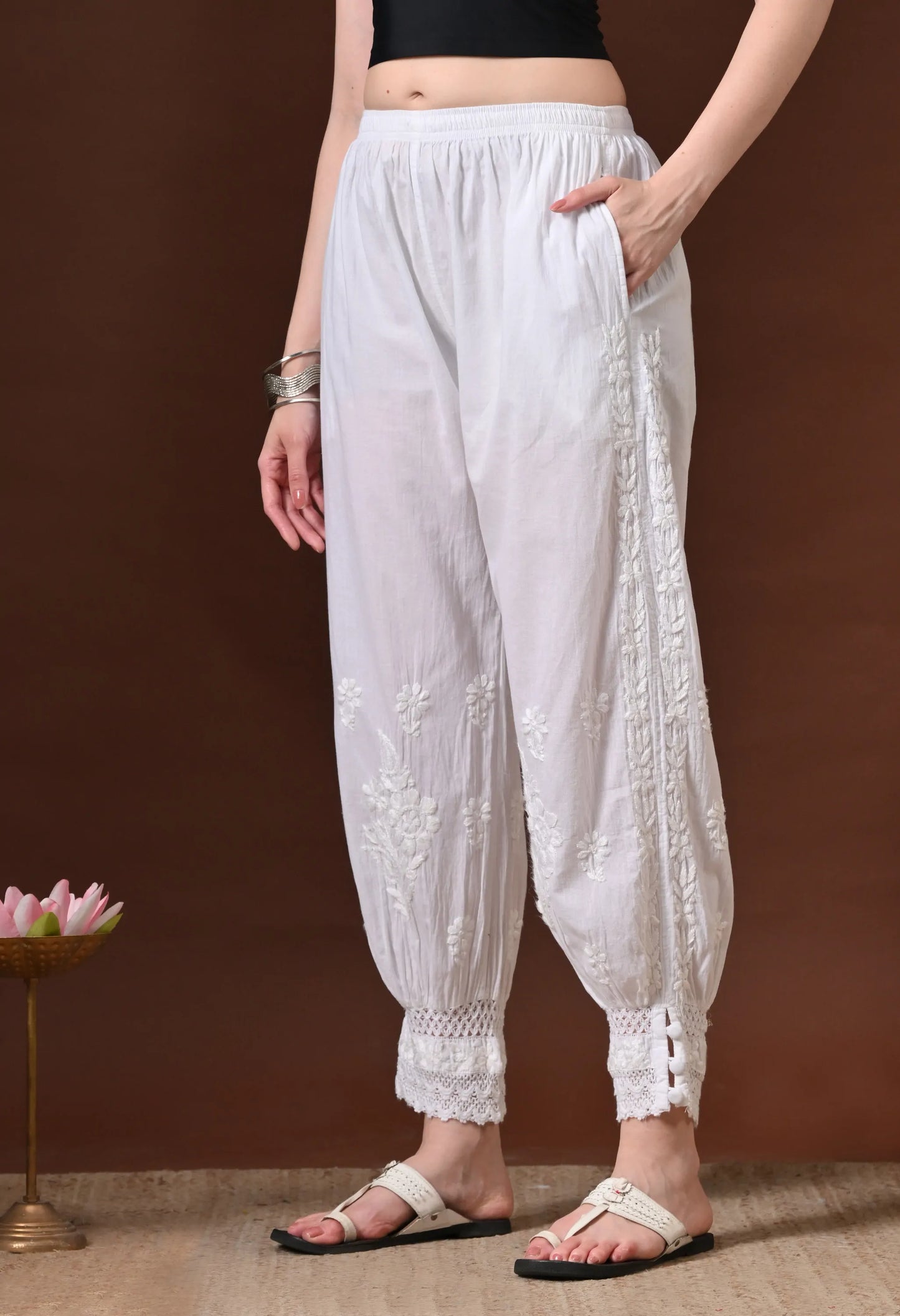 White Chikankari Afghani Pant Left Side View