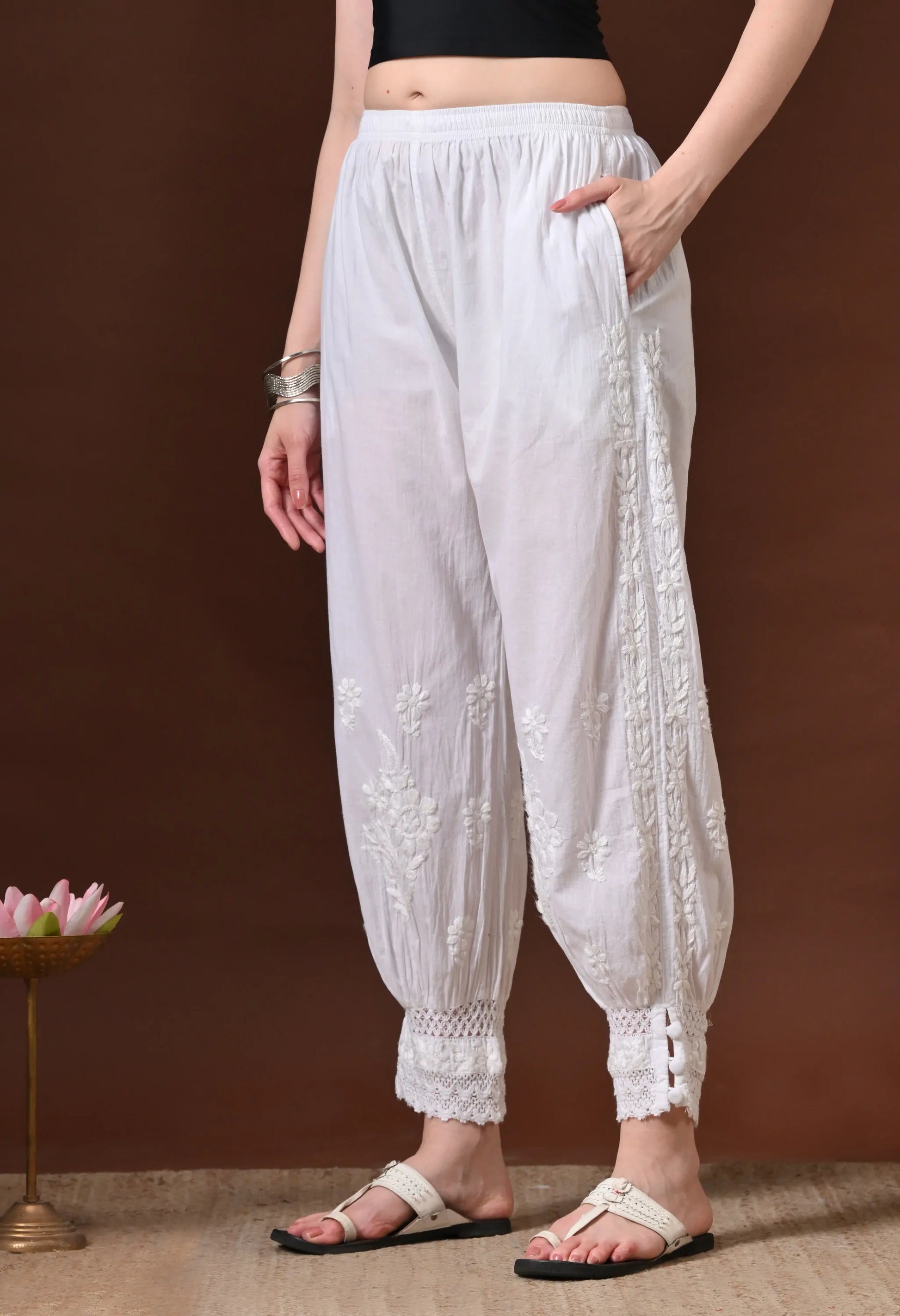 White Chikankari Afghani Pant Left Side View