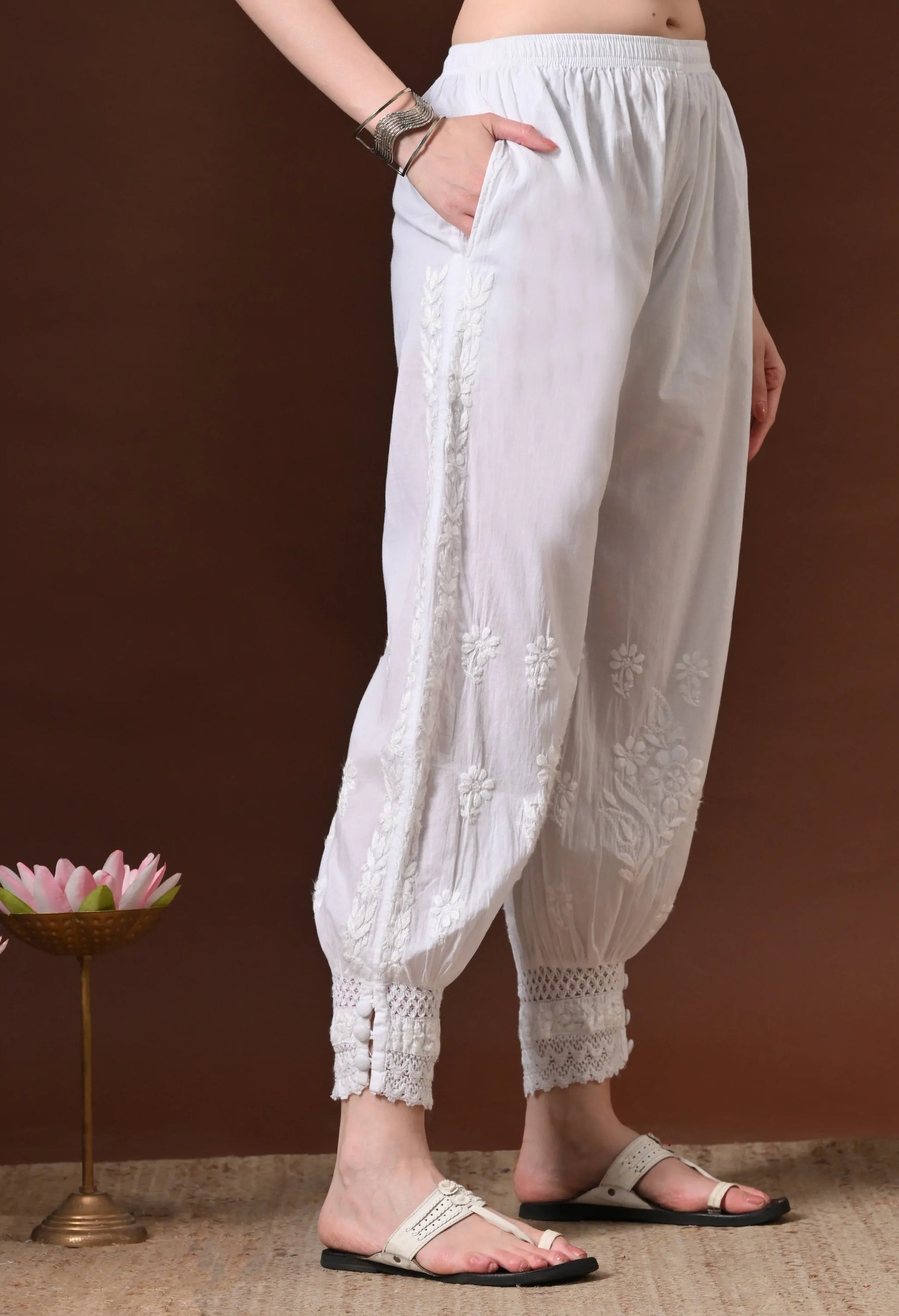 White Chikankari Afghani Pant Right Side View