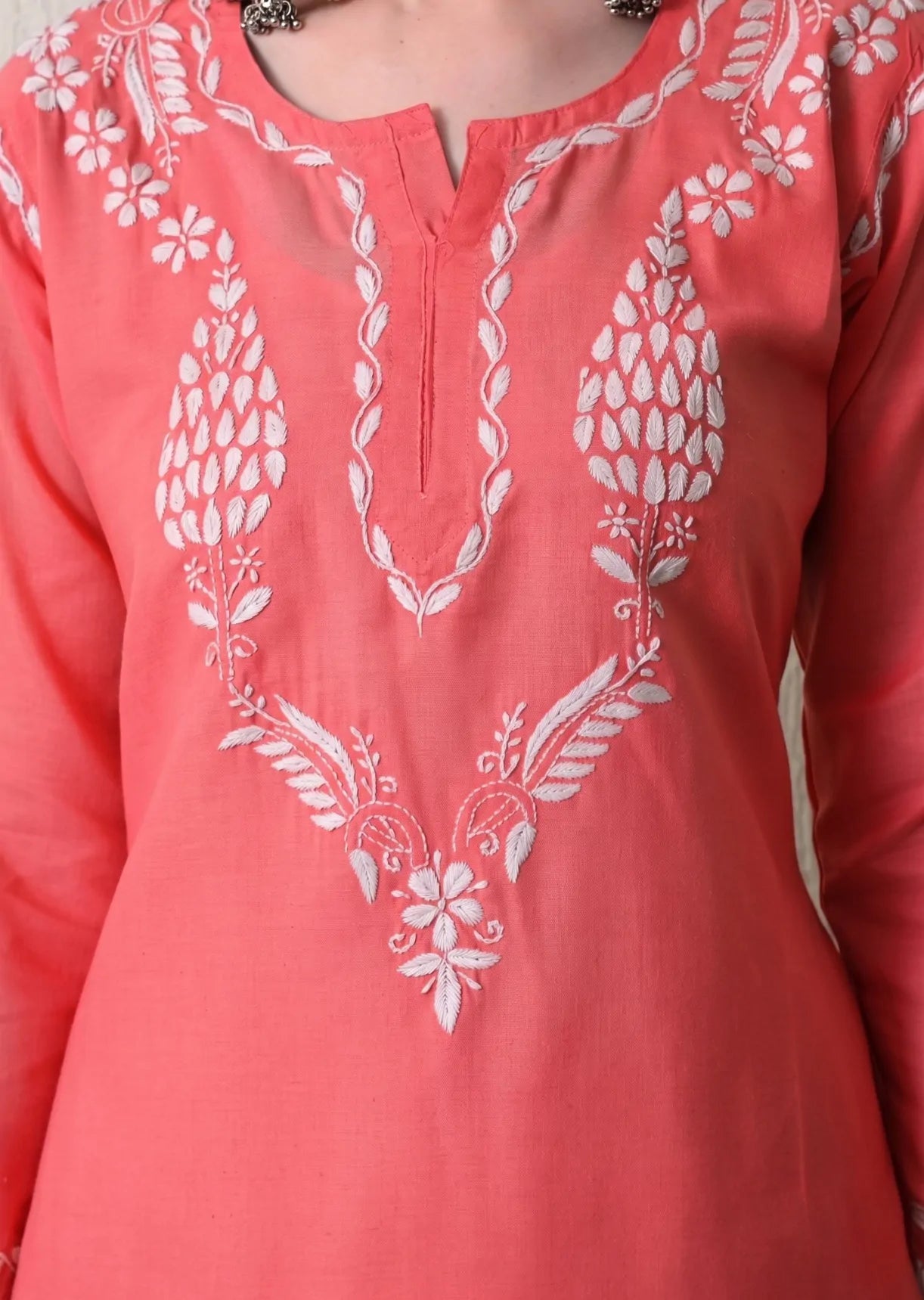 White Embroidery on Gajri Cotton Kurti Close-Up