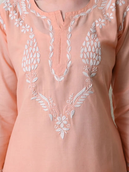 White Embroidery on Peach Cotton Kurti Close-Up