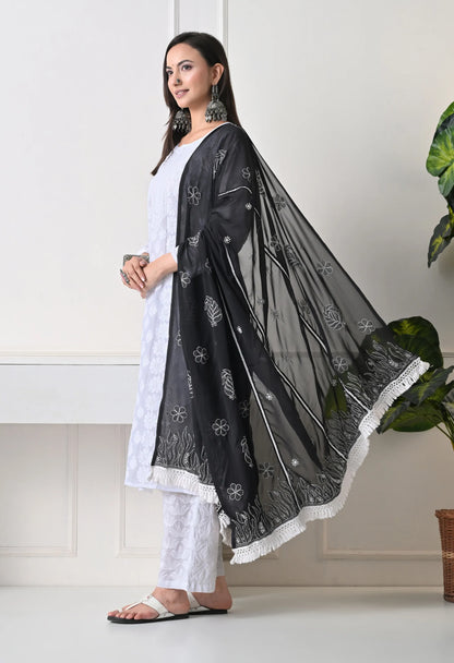 Woman wearing a black embroidered dupatta over a white outfit with a plant in the background.