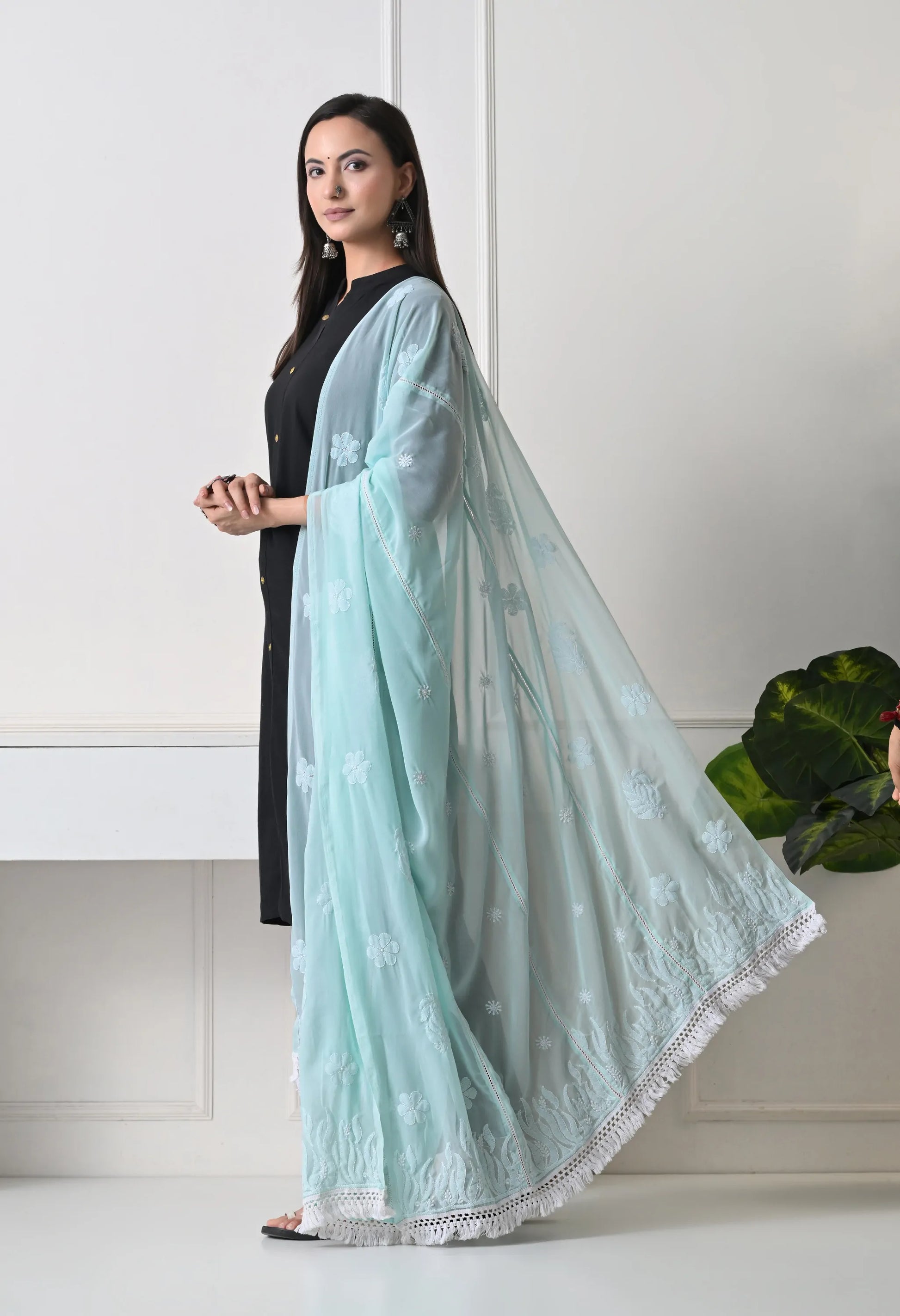 Woman wearing a light blue dupatta with a white background