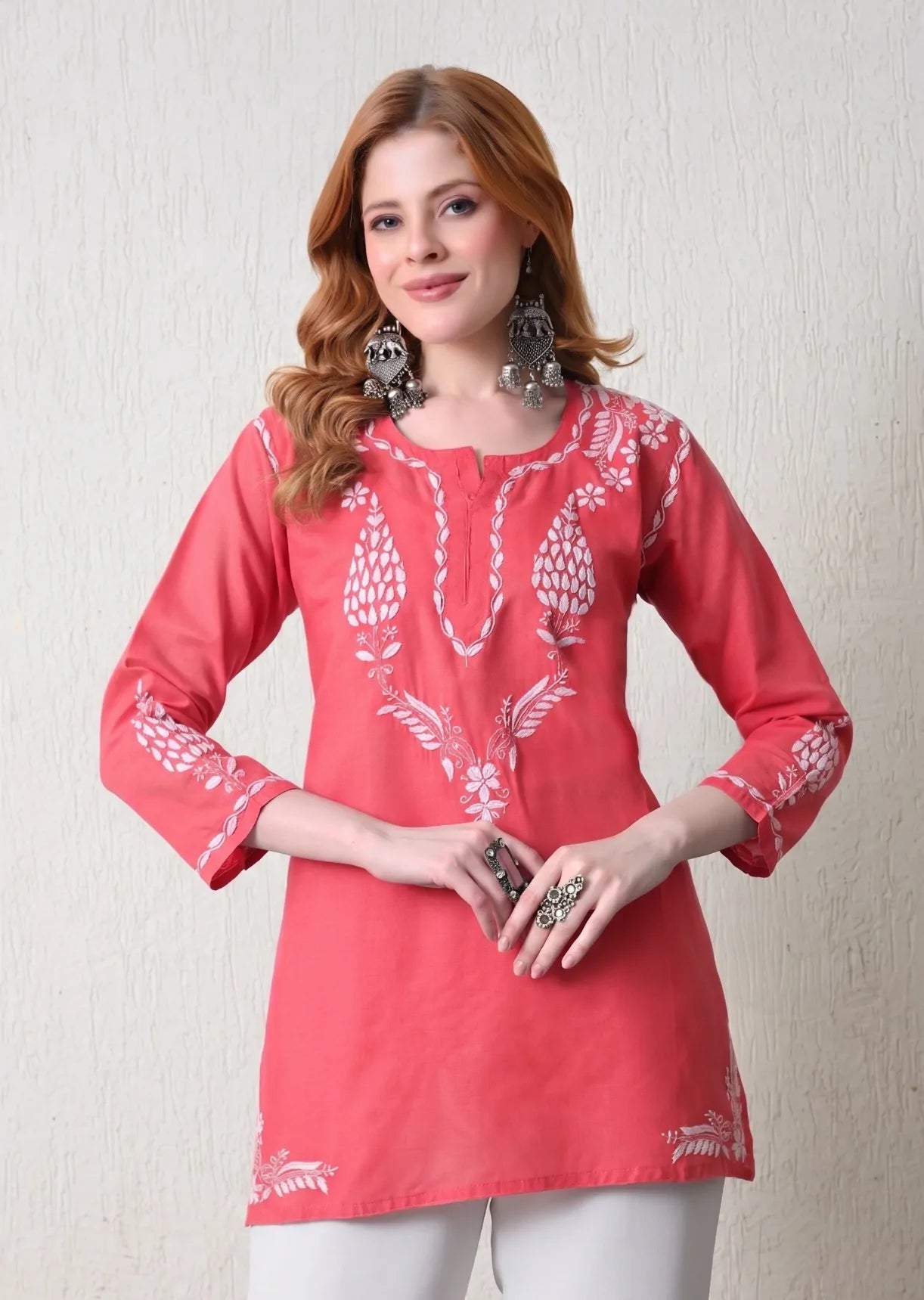 Women's Gajri Chikankari Embroidered Cotton Short Kurti Front View