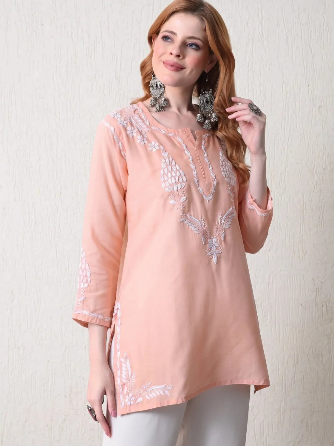 Women Peach Cotton Short Kurti Right Side Embroidery Detail