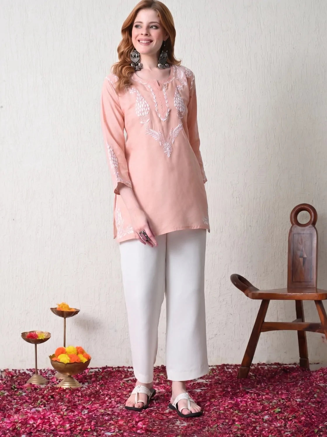 Women Peach Lucknowi Chikankari Short Kurti Full Angled Length