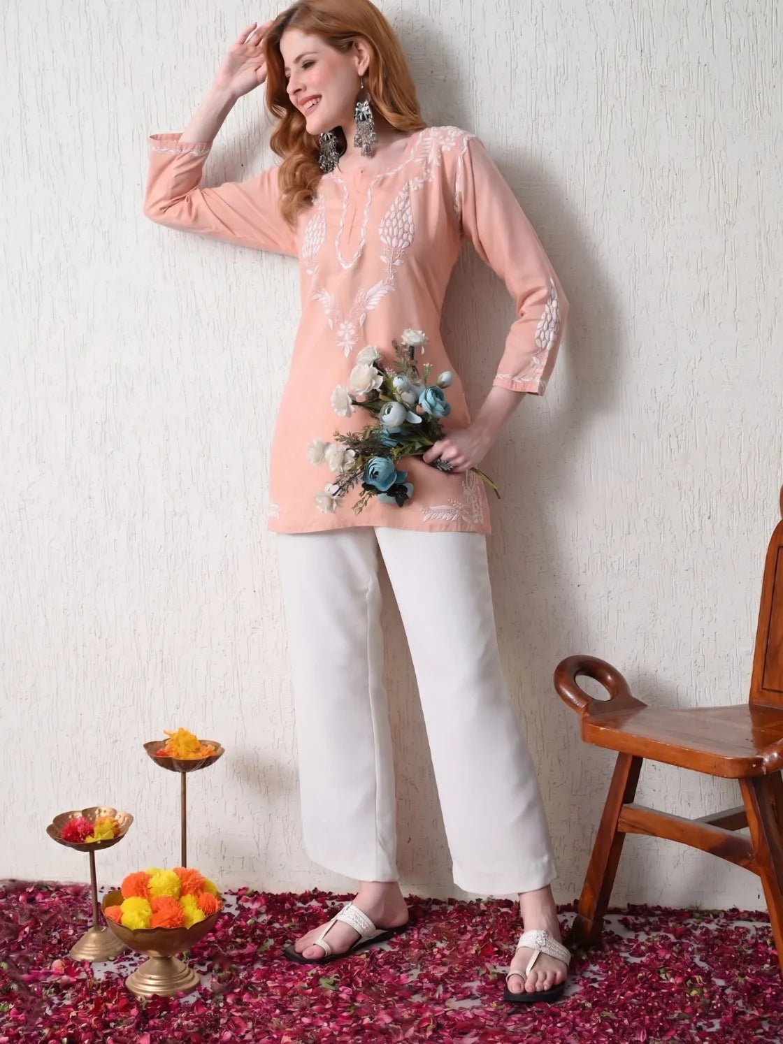 Women Peach Lucknowi Chikankari Short Kurti Full Length