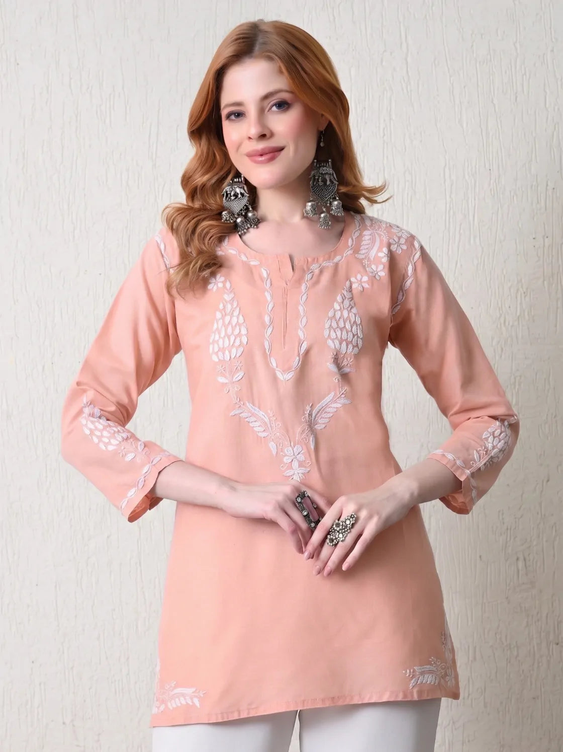Women's Peach Chikankari Embroidered Cotton Short Kurti Front View
