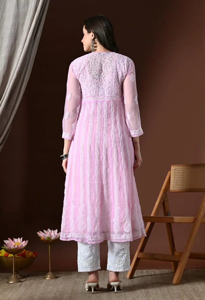 Back View of Baby Pink Lucknowi Chikankari Anarkali Kurti