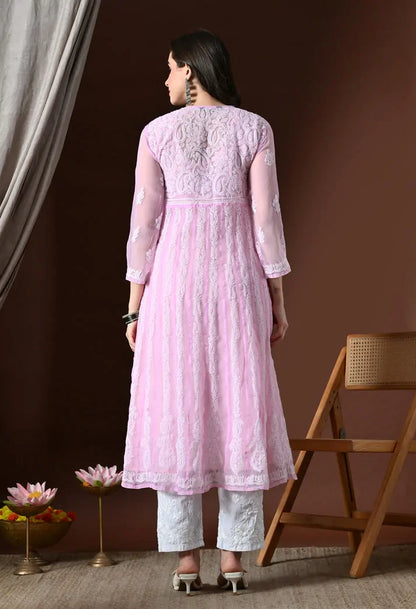 Back View of Baby Pink Lucknowi Chikankari Anarkali Kurti