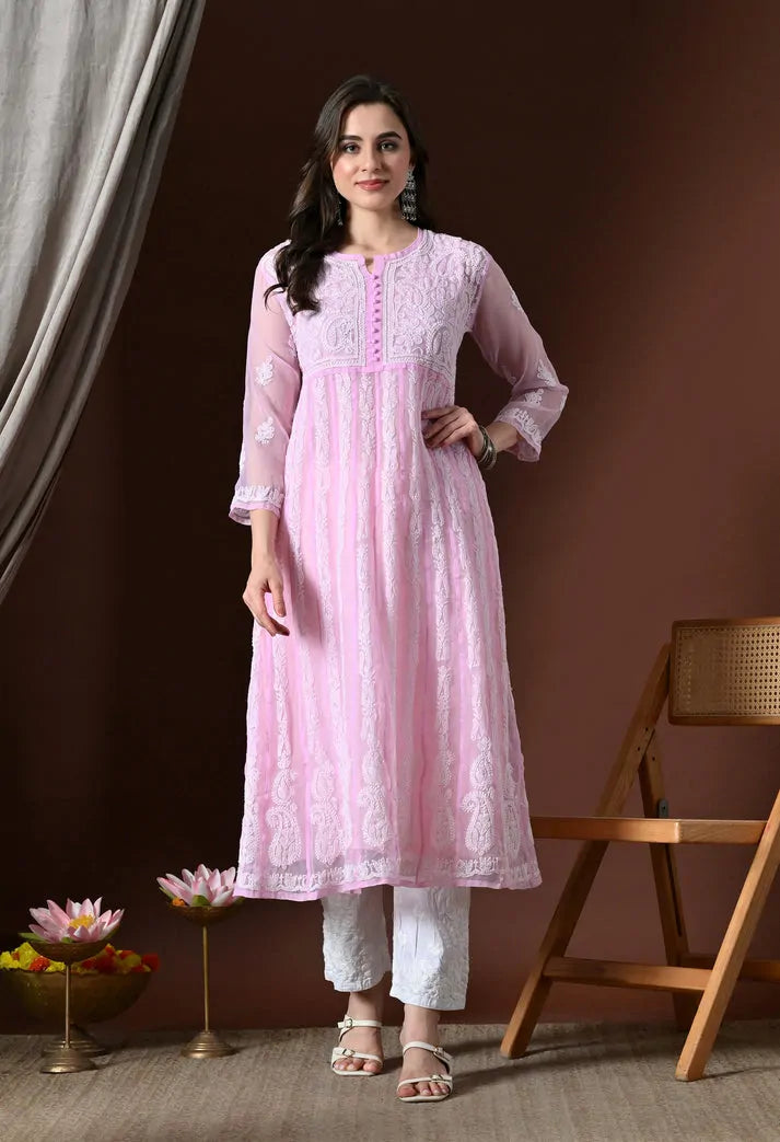Full Length Baby Pink Lucknowi Chikankari Handwork Anarkali Kurti