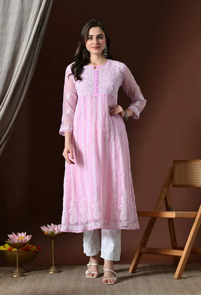 Full Length Baby Pink Lucknowi Chikankari Handwork Anarkali Kurti