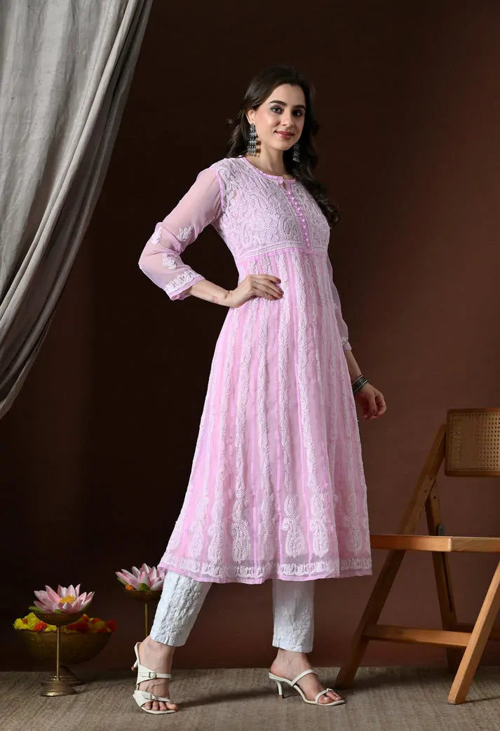 Baby Pink Lucknowi Chikankari Anarkali Kurti Model Pose