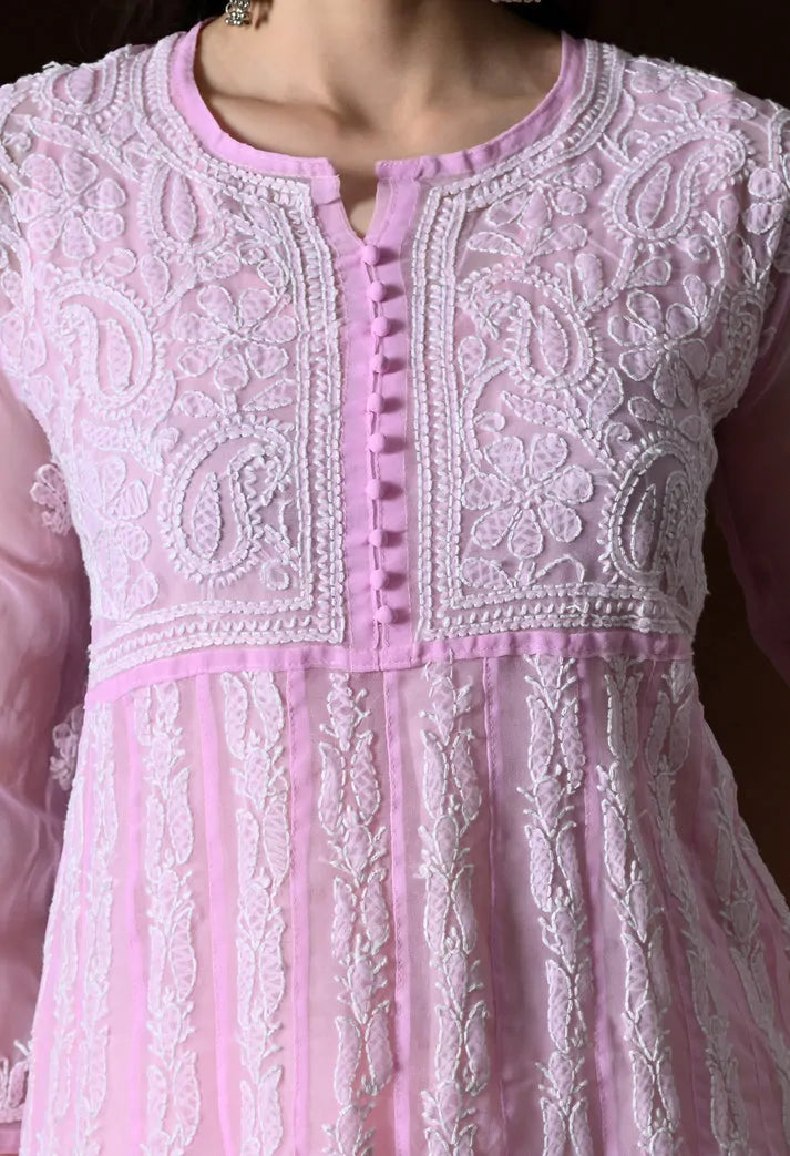 Neck Design Detail of Baby Pink Lucknowi Chikankari Anarkali Kurti