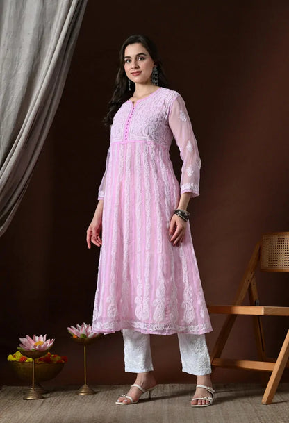 Side View of Baby Pink Chikankari Handwork Anarkali Kurti