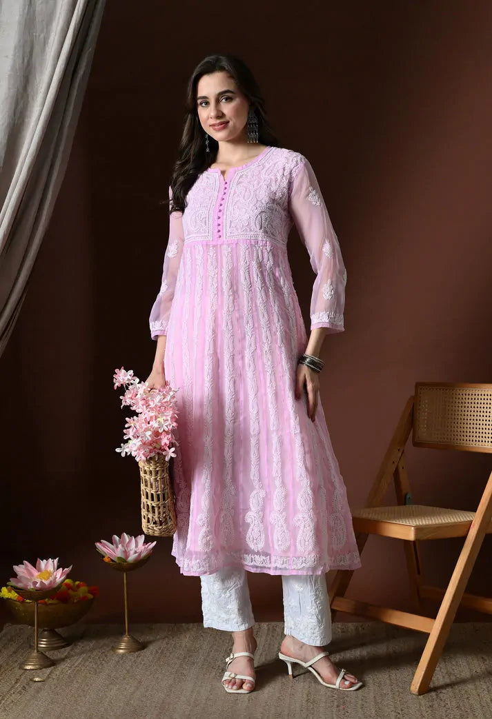 Styled Look of Baby Pink Lucknowi Chikankari Kurti
