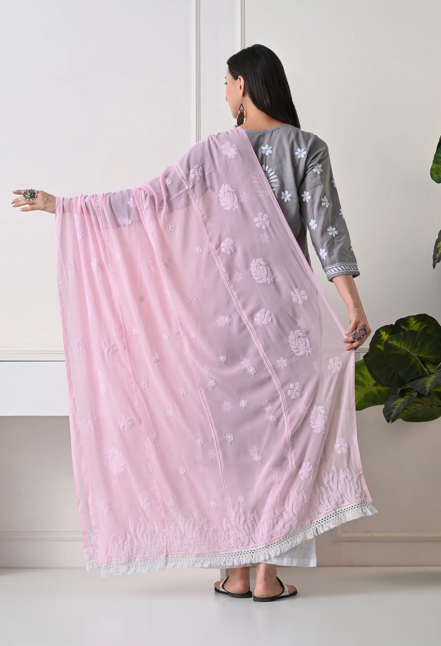 Back View of Baby Pink Soft Georgette Chikankari Hand Embroidered Dupatta for Women