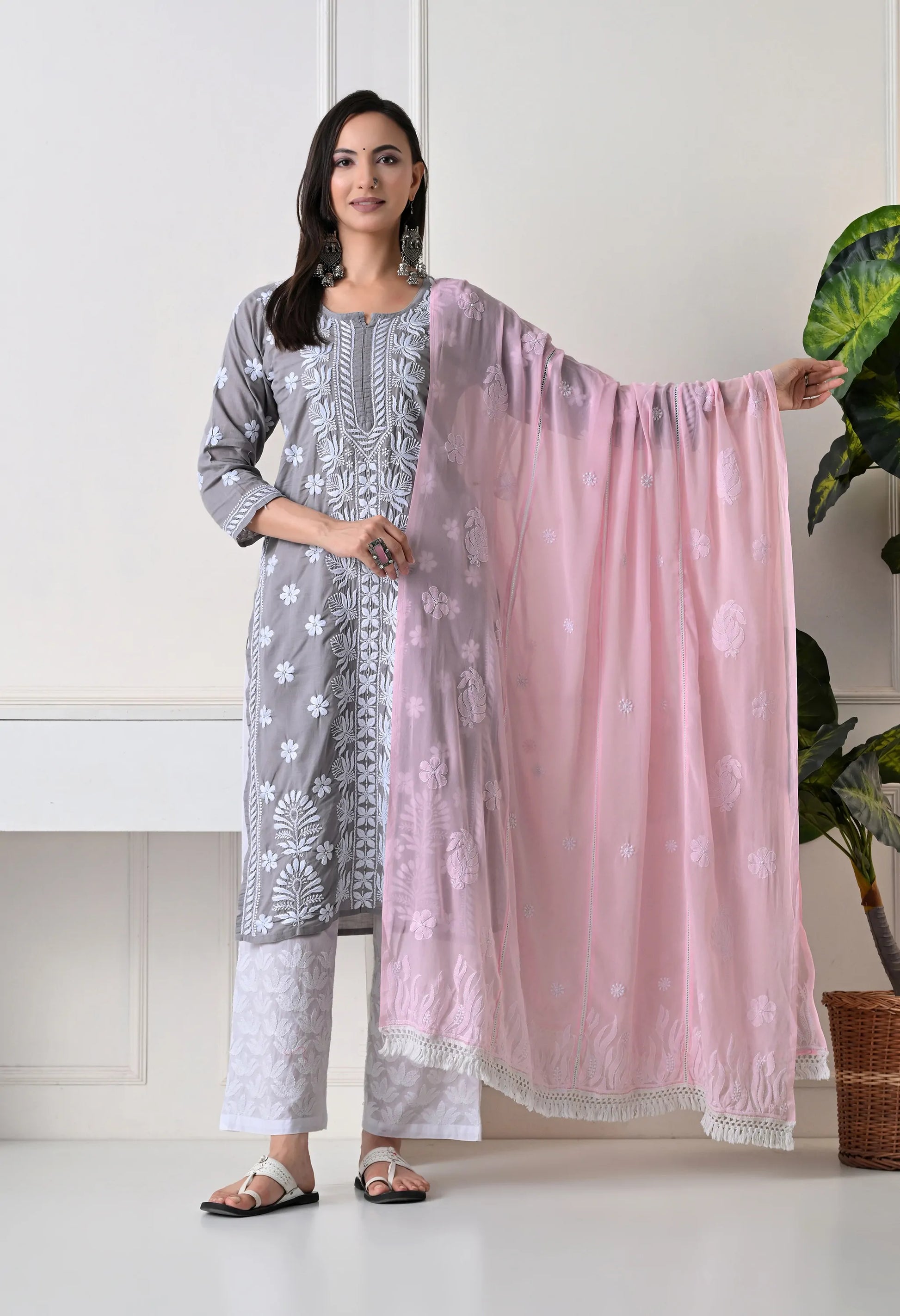 Front View of Baby Pink Soft Georgette Chikankari Hand Embroidered Dupatta for Women