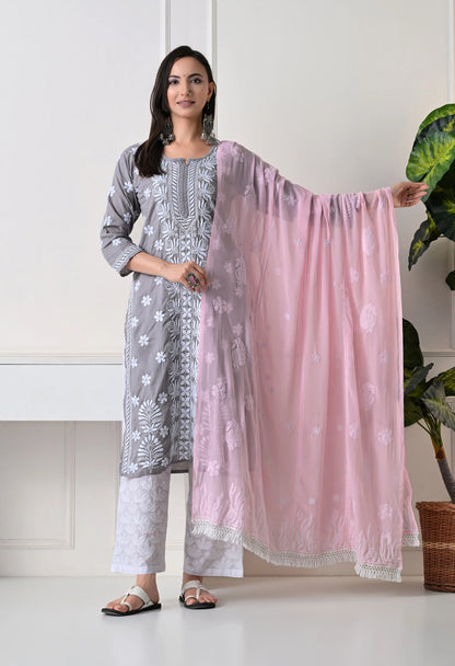 Front View of Baby Pink Soft Georgette Chikankari Hand Embroidered Dupatta for Women